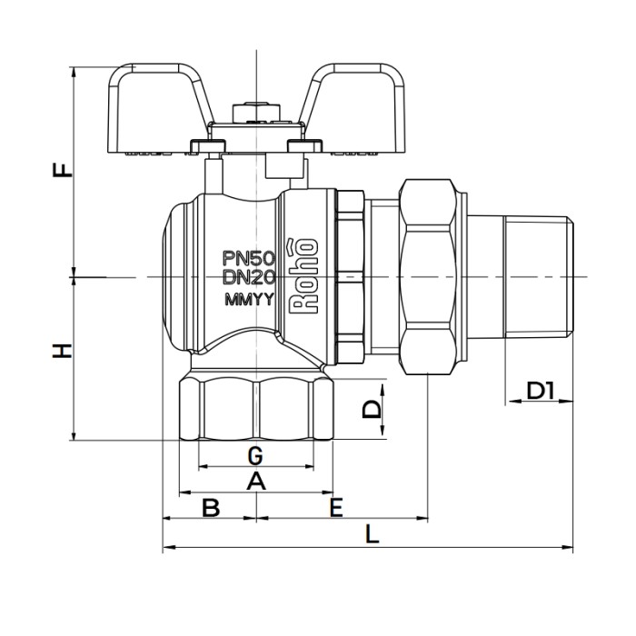 Кран з американкою Roho R106-100B - 1" кутовий (RO0115) Кран з американкою Roho R106-100B - 1" кутовий (RO0115)