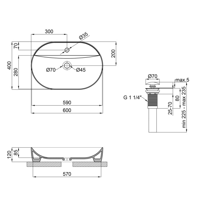 Раковина накладна Mixxus Premium ELLIPSE-0204 600х380х115mm з отвором під змішувач (MP6679)