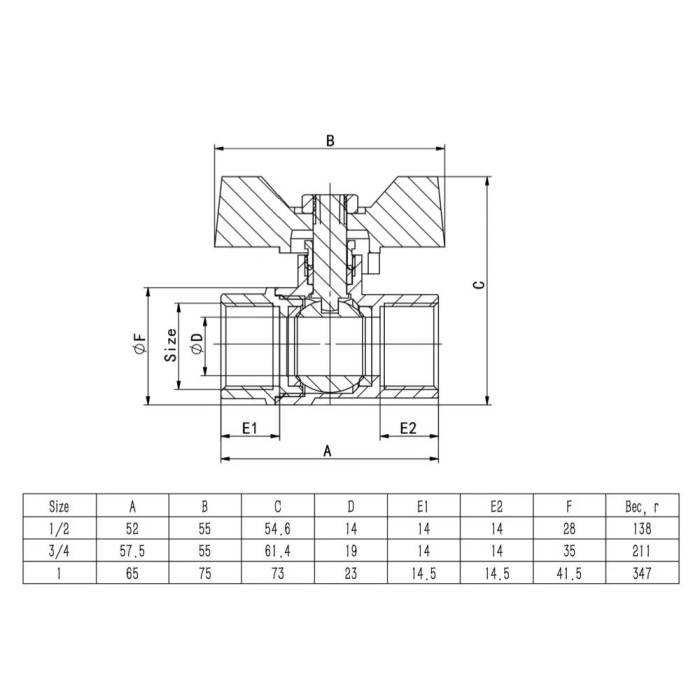 Кран кульовий ITAL PN40 3/4" вн.-вн., метелик, нікель Кран кульовий ITAL PN40 3/4" вн.-вн., метелик, нікель